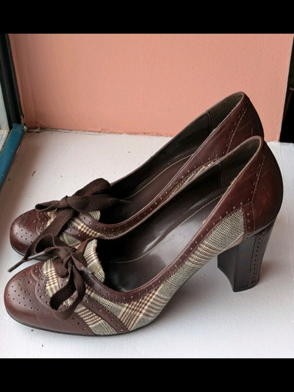 Franco Sarto Brogue-Style pumps vintage/retro academic plaid glen Fabric Size 10